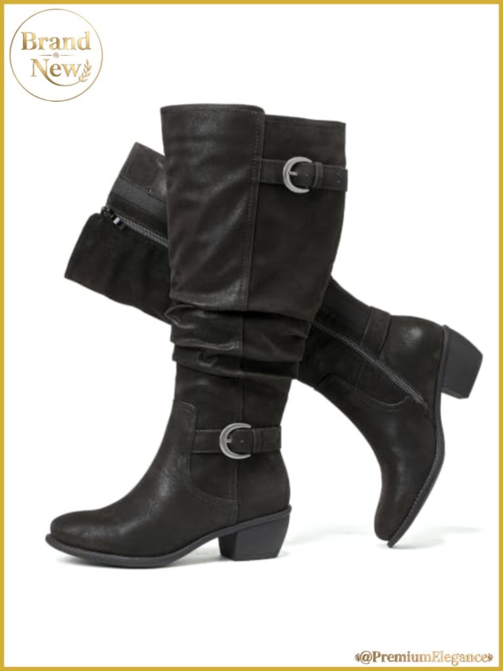 Extra Wide Calf Low Heel Knee-High Boots Faux Leather Memory Foam